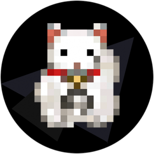 Company logo showing a waving cat in the style of a pixelated maneki neko