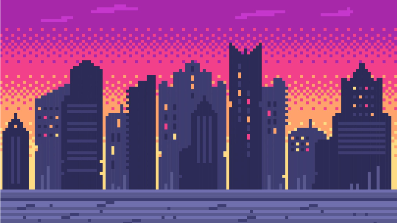 A pixelated illustration of a city skyline
